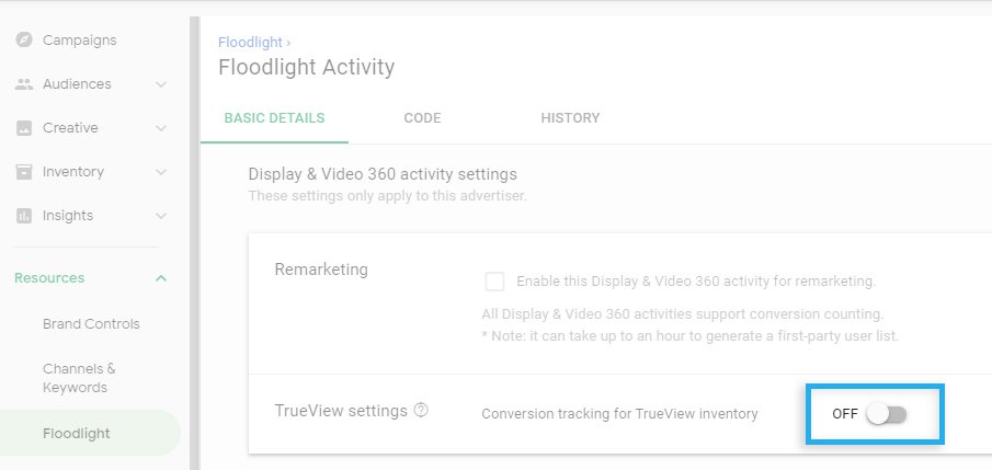 Google DV 360, Advertiser, Resources, Enable Floodlight TrueView support