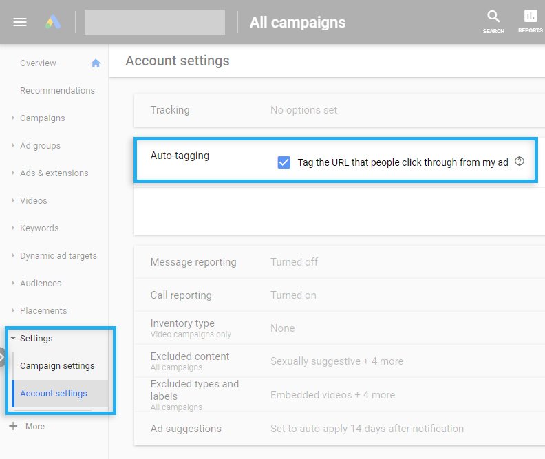 Google Ads / Settings / Account Settings / Auto-tagging