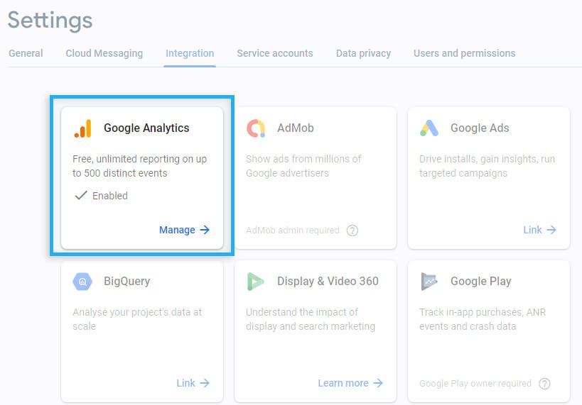 Firebase project / Integrations / Link with App+Web Google Analytics property
