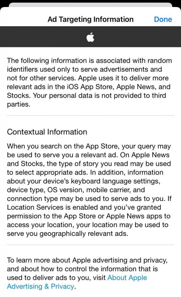 iOS 14 / Settings / Privacy / Apple Advertising / Personalized Ads