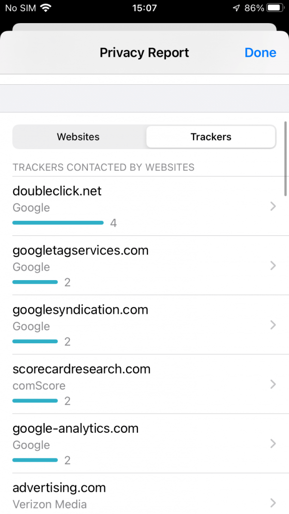 iOS 15 / Safari / Privacy Report / Blocked trackers