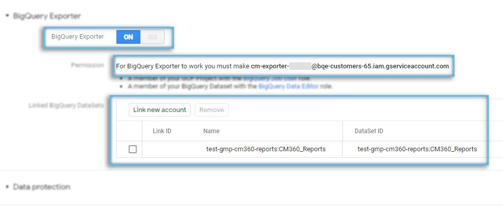 Google CM360 / Admin / Account / BigQuery Exporter / Setup