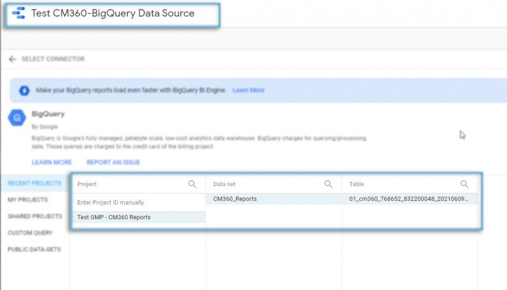 Google Data Studio / Data Source / BigQuery / Select Table Source