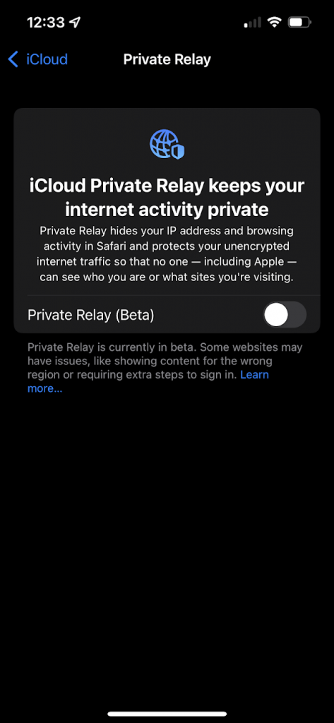 Apple iCloud Plus / Private Relay (Beta) / Enable Privacy